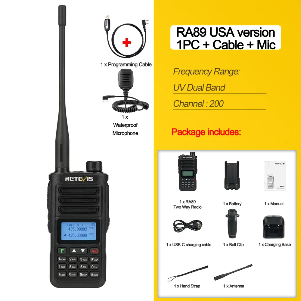 RA89 Walkie Talkie IP68 Usb-C Long Range Walkie Talkies FM VHF Ham Radio for Camping Hunting Emergency Rescue