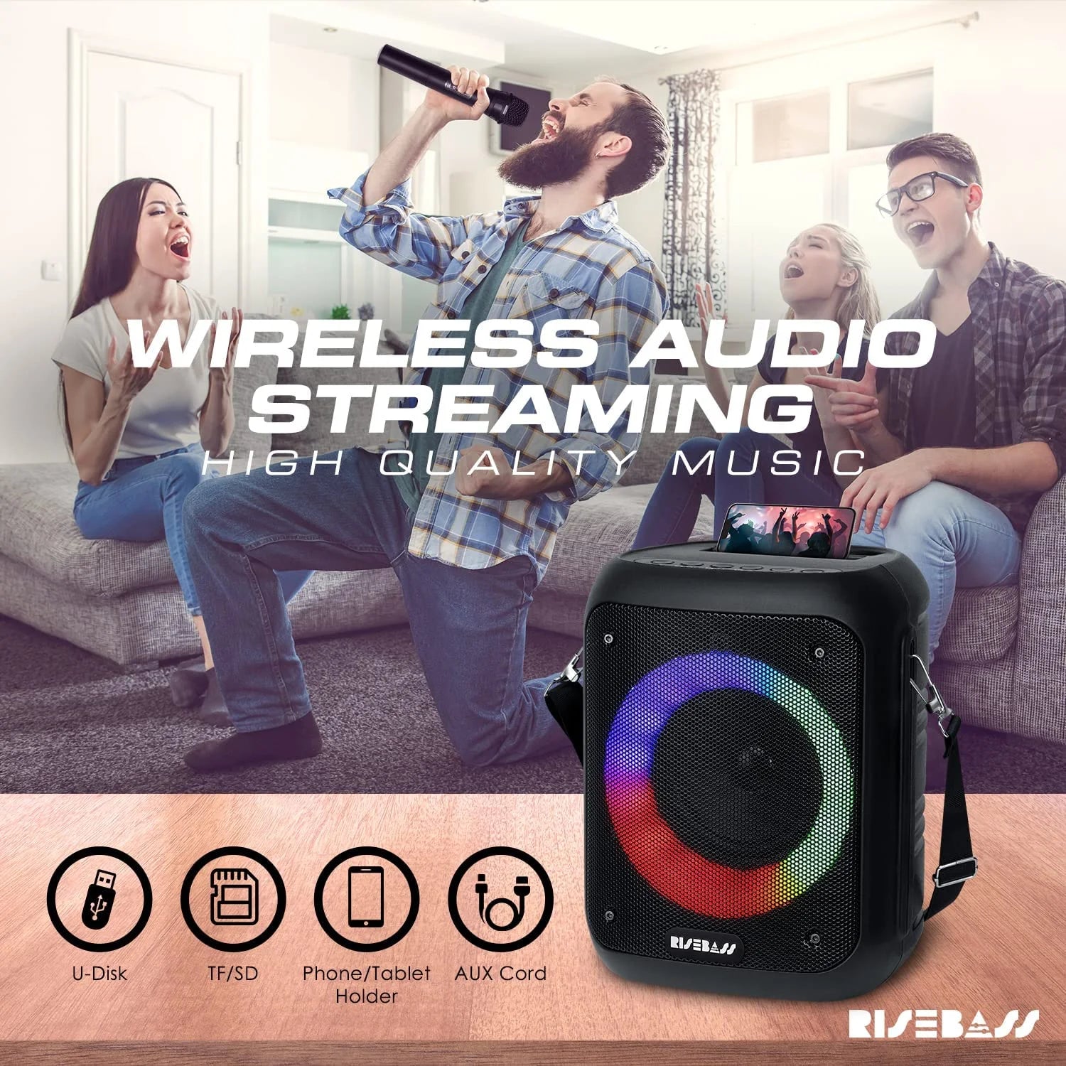 Risebass Portable Karaoke Machine with 2 Wireless Microphones - Bluetooth Rechargeable Speaker with USB/SD/TF Card Support, Aux-In, Voice Record, Tripod Screw Mount and Phone Slot