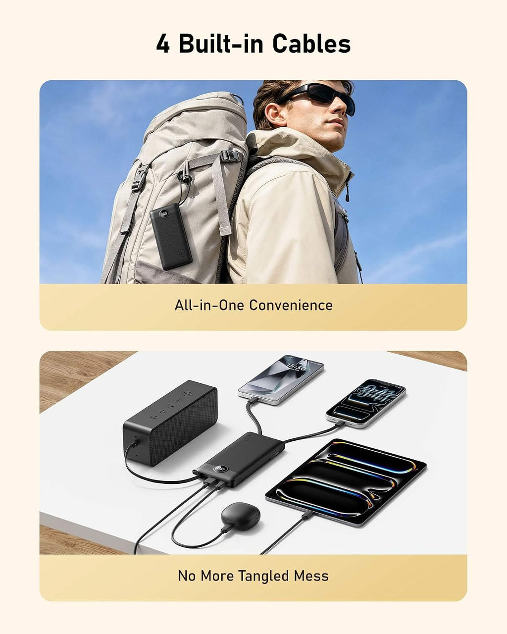 10000Mah Portable Charger with 4 Built-In Cables
