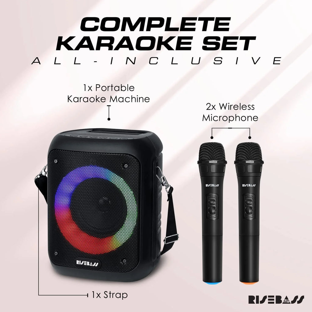 Risebass Portable Karaoke Machine with 2 Wireless Microphones - Bluetooth Rechargeable Speaker with USB/SD/TF Card Support, Aux-In, Voice Record, Tripod Screw Mount and Phone Slot