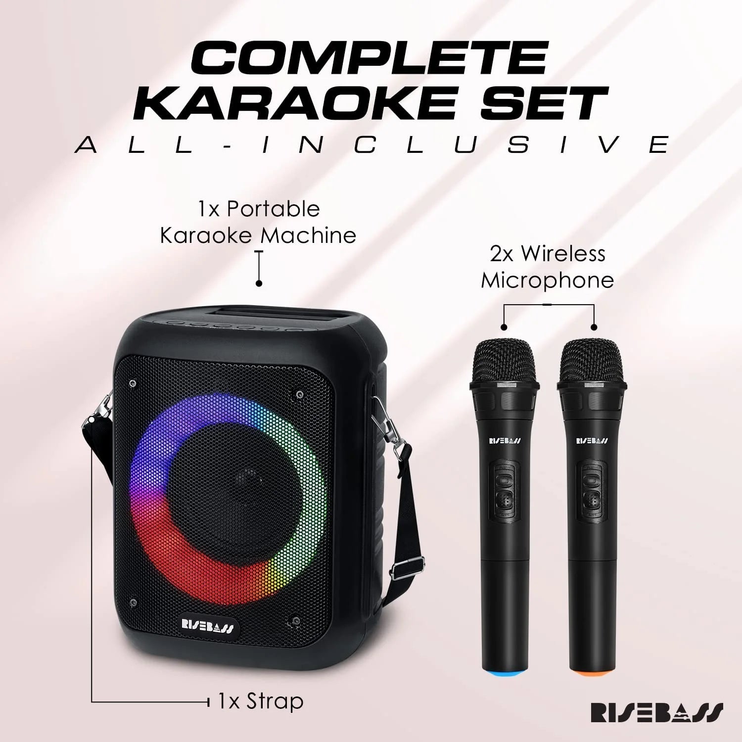 Risebass Portable Karaoke Machine with 2 Wireless Microphones - Bluetooth Rechargeable Speaker with USB/SD/TF Card Support, Aux-In, Voice Record, Tripod Screw Mount and Phone Slot