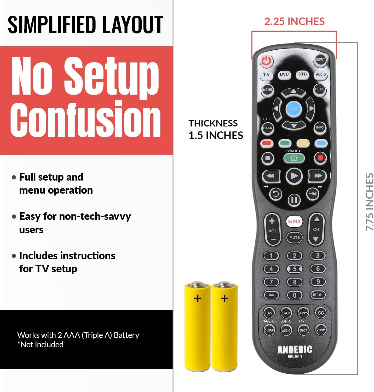 Anderic RRU401.7 4-Device Universal Remote Control with Backlight, Macro and Learning for TV, Cable, Streaming, DVD and more