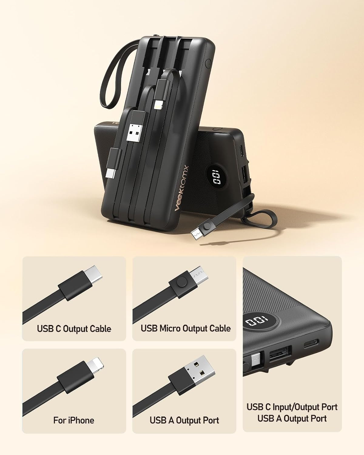 10000Mah Portable Charger with 4 Built-In Cables