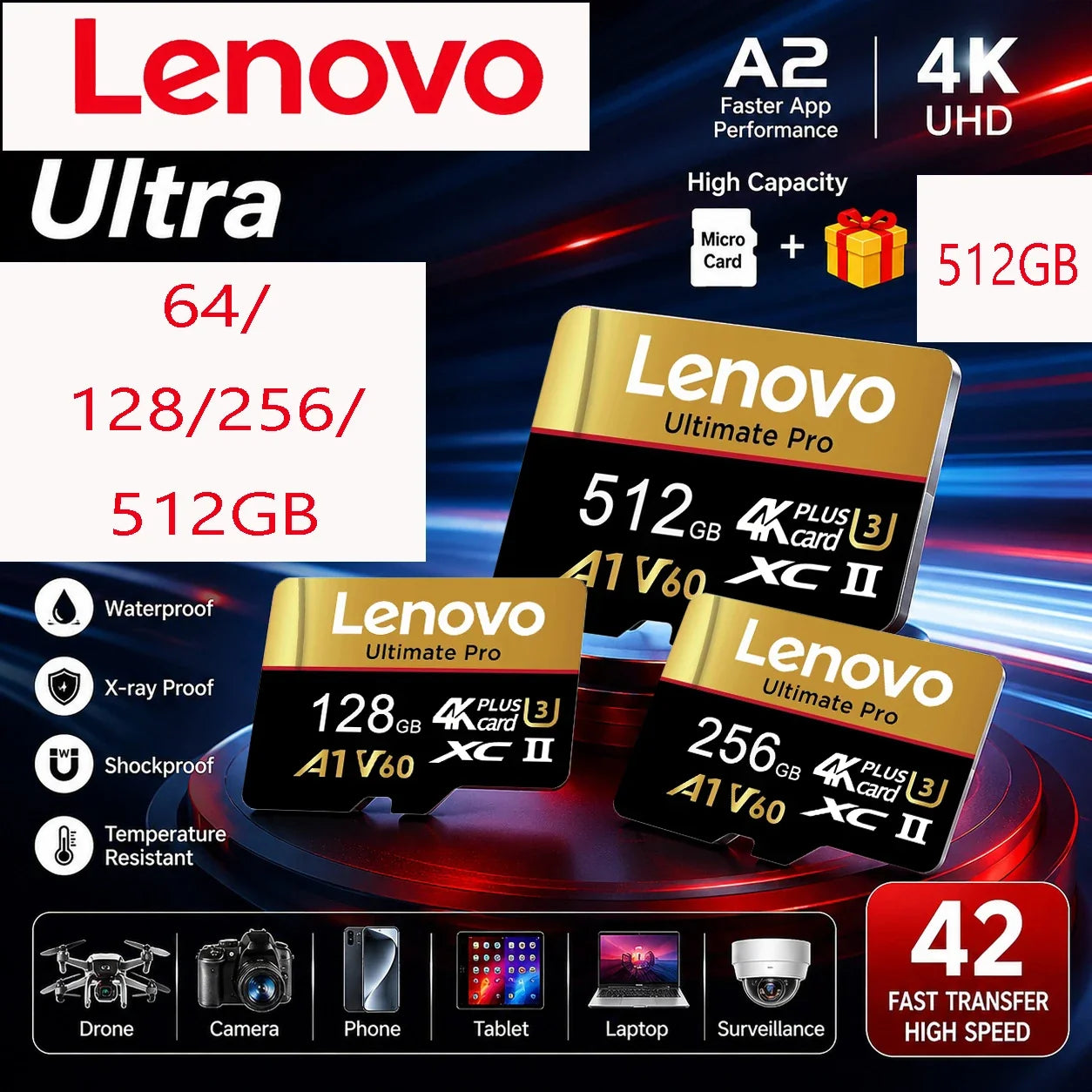 Lenovo High Endurance 512GB Micro TF SD TF Cards Memory Card SD Cards 256GB 32GB Secure Storage for Laptop/Camera/Smartphone