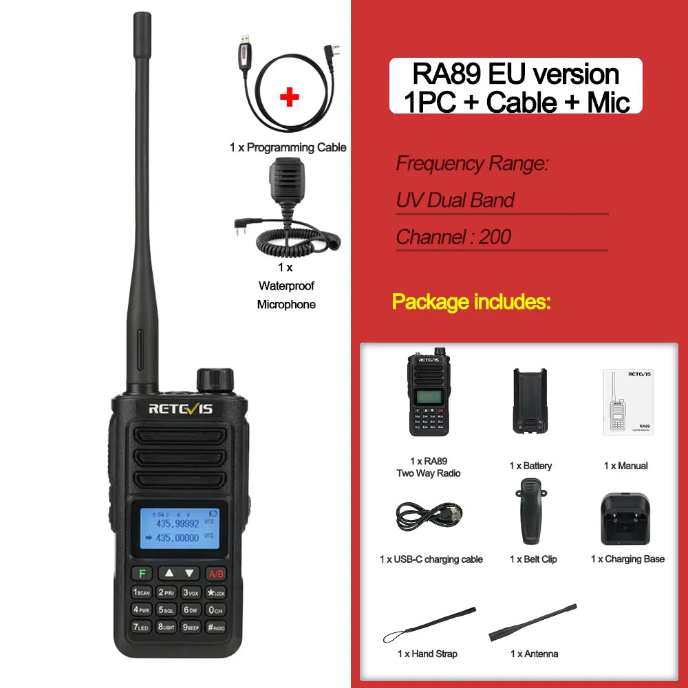 RA89 Walkie Talkie IP68 Usb-C Long Range Walkie Talkies FM VHF Ham Radio for Camping Hunting Emergency Rescue