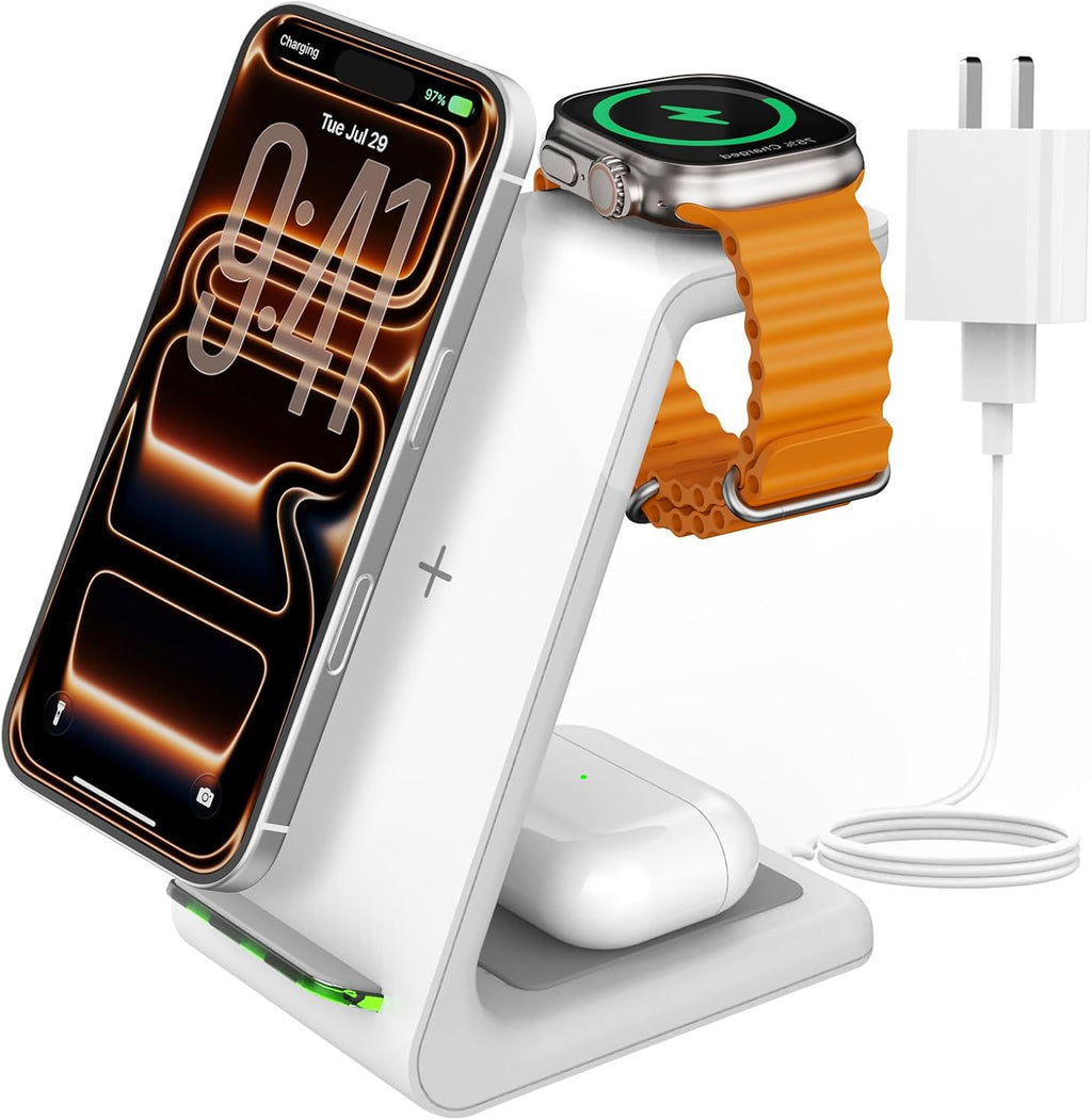 Charging Station for Iphone and Apple Watch: 3 in 1 Wireless Phone Charger Stand for Iphone 17 16 15 14 13 12 11 Pro Max & Airpods, Bedside Nightstand Docking