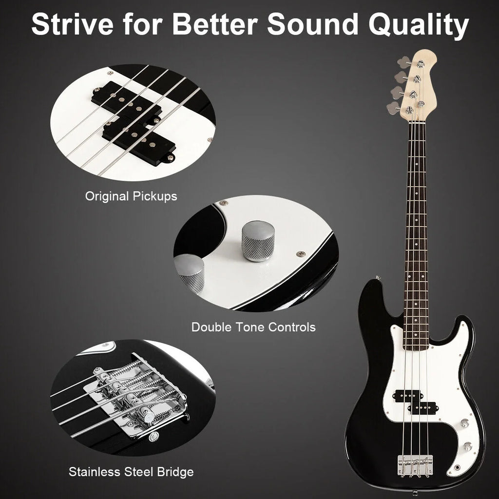 Black Full Size 4 String Electric Bass Guitar with Strap Guitar Bag Amp Cord