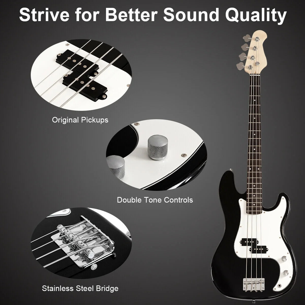 Black Full Size 4 String Electric Bass Guitar with Strap Guitar Bag Amp Cord
