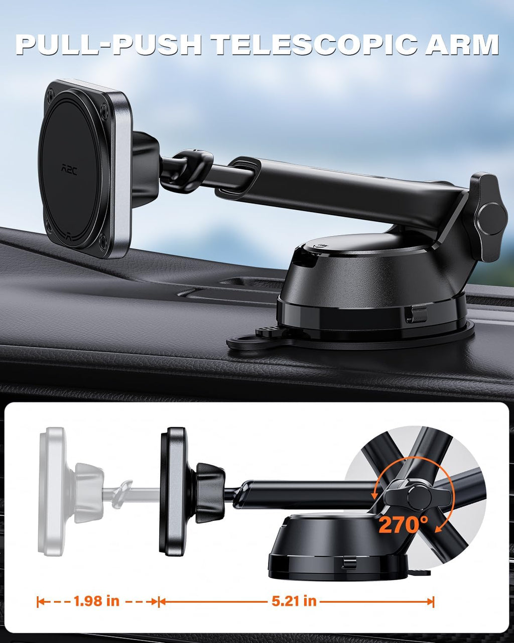 Magnetic Car Mount for Magsafe, Heavy Duty Phone Holder with 20 N55 Magnets, Strong Suction Cup, Adjustable Telescopic Arm, Dashboard & Windshield Mount for Iphone 12-17 Series and All Phones