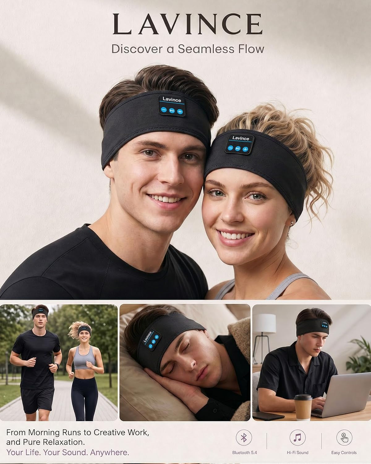 Sleep Headphones Headband, Bluetooth 5.4 Sleeping Headphones for Side Sleepers, Wireless Headband Headphones with Ultra-Thin Stereo Speakers for Sports, Workout, Travel, Meditation