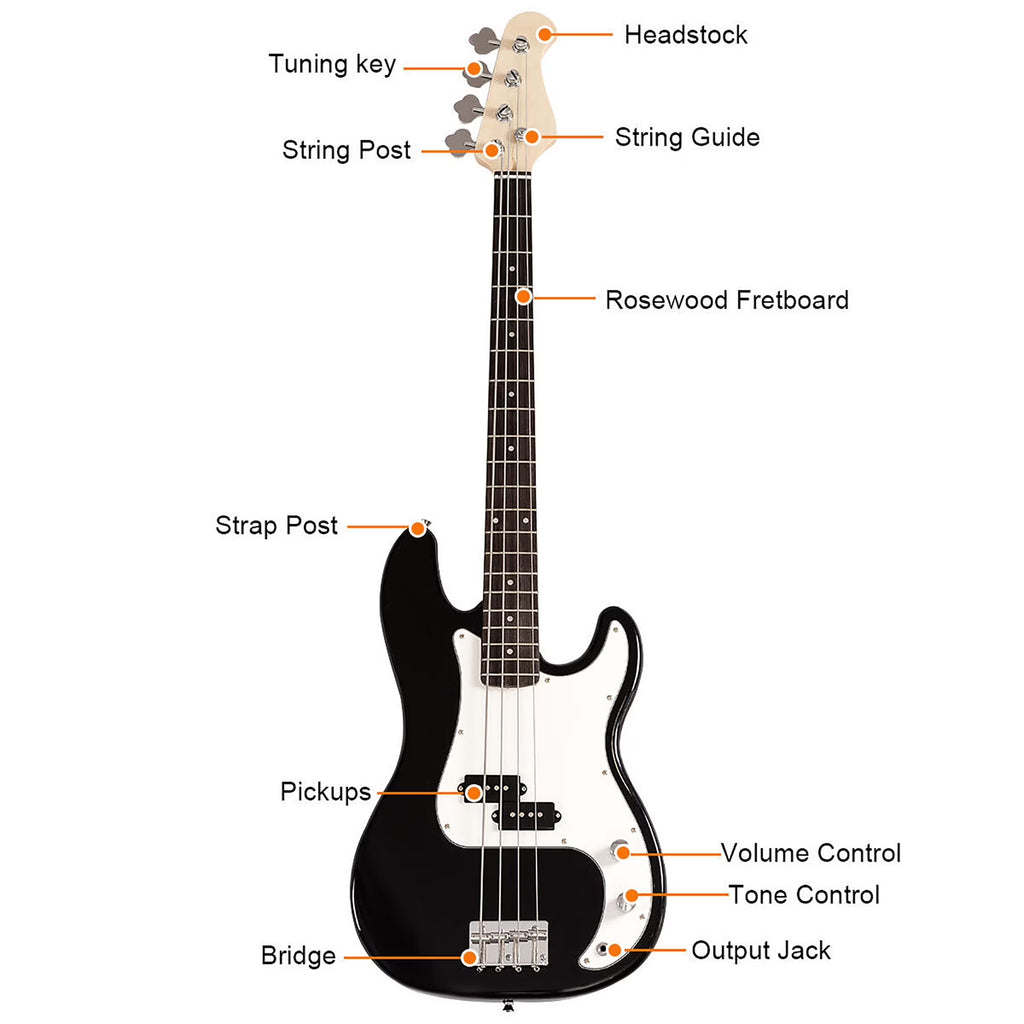 Black Full Size 4 String Electric Bass Guitar with Strap Guitar Bag Amp Cord