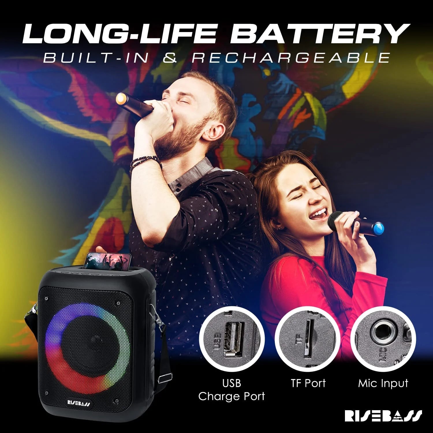 Risebass Portable Karaoke Machine with 2 Wireless Microphones - Bluetooth Rechargeable Speaker with USB/SD/TF Card Support, Aux-In, Voice Record, Tripod Screw Mount and Phone Slot