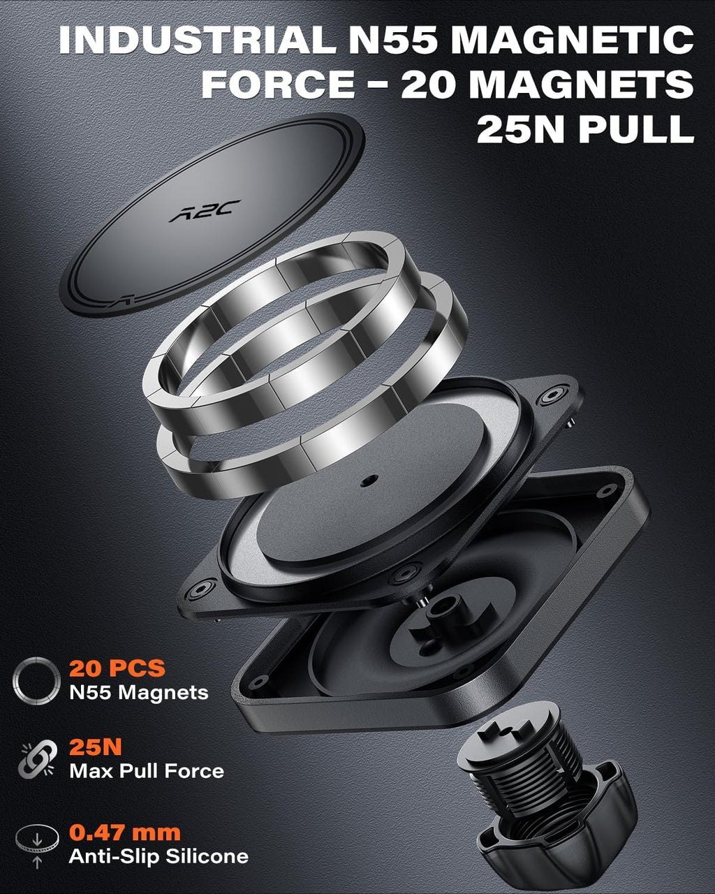 Magnetic Car Mount for Magsafe, Heavy Duty Phone Holder with 20 N55 Magnets, Strong Suction Cup, Adjustable Telescopic Arm, Dashboard & Windshield Mount for Iphone 12-17 Series and All Phones
