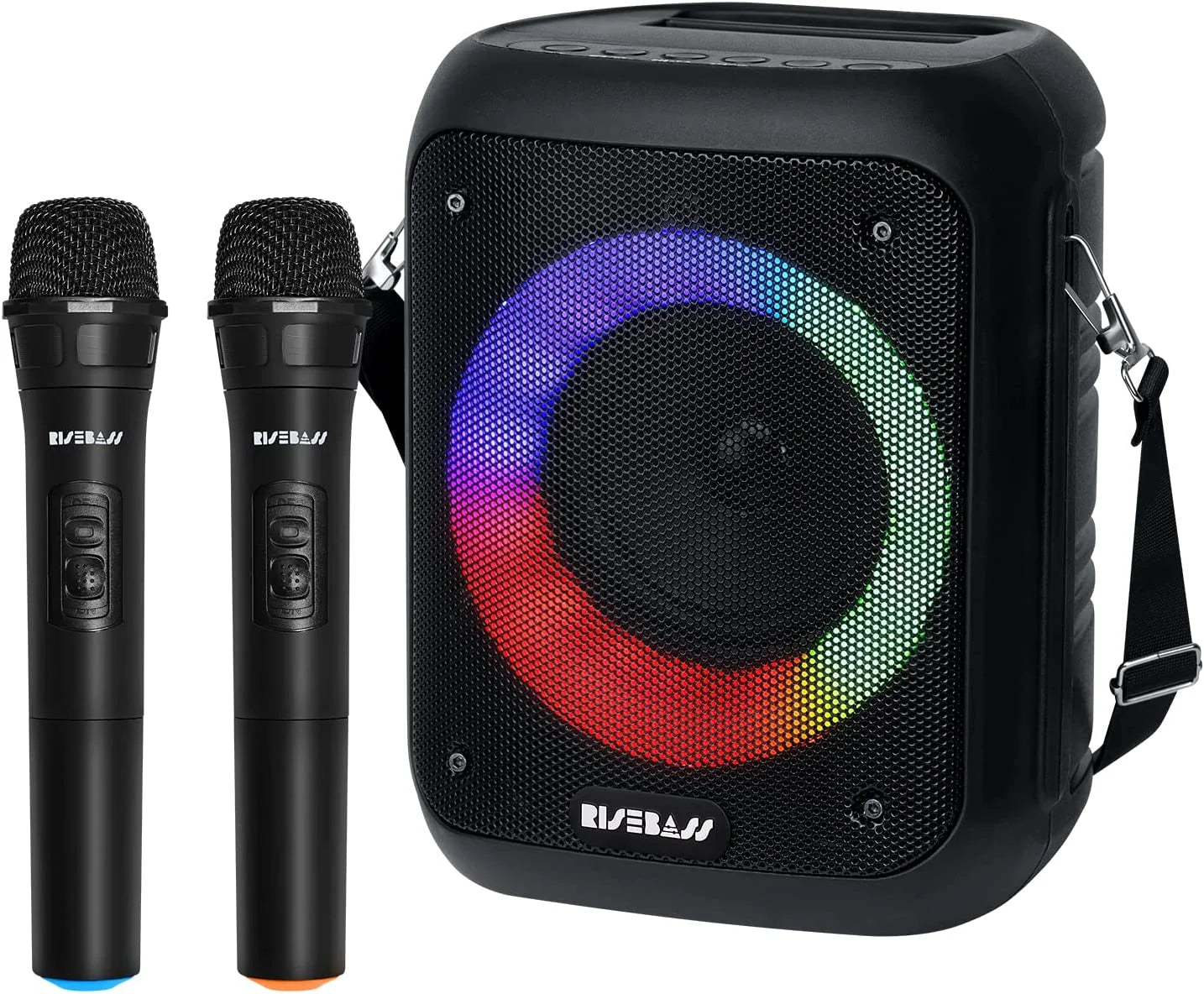 Risebass Portable Karaoke Machine with 2 Wireless Microphones - Bluetooth Rechargeable Speaker with USB/SD/TF Card Support, Aux-In, Voice Record, Tripod Screw Mount and Phone Slot