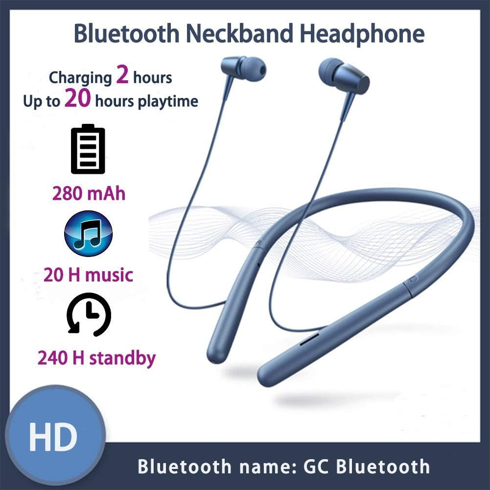 Bluetooth Headphones Wireless Neckband Bluetooth 5.0 Headset with 20 H Playtime, 10 Mm Drivers, Magnetic Earbuds, Crystal-Clear Voice and Noise Cancelling Mic, Sweatproof and Lightweight (Blue)