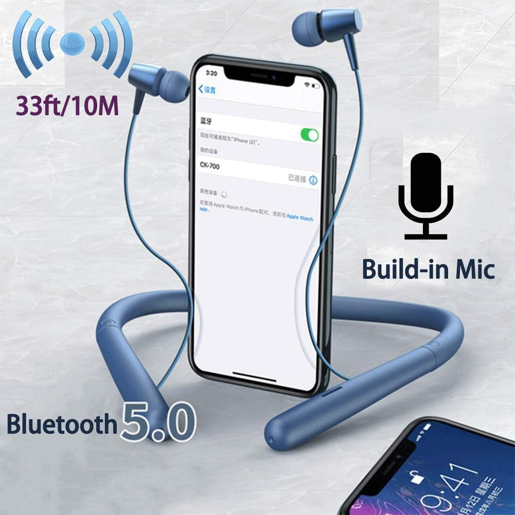 Bluetooth Headphones Wireless Neckband Bluetooth 5.0 Headset with 20 H Playtime, 10 Mm Drivers, Magnetic Earbuds, Crystal-Clear Voice and Noise Cancelling Mic, Sweatproof and Lightweight (Blue)