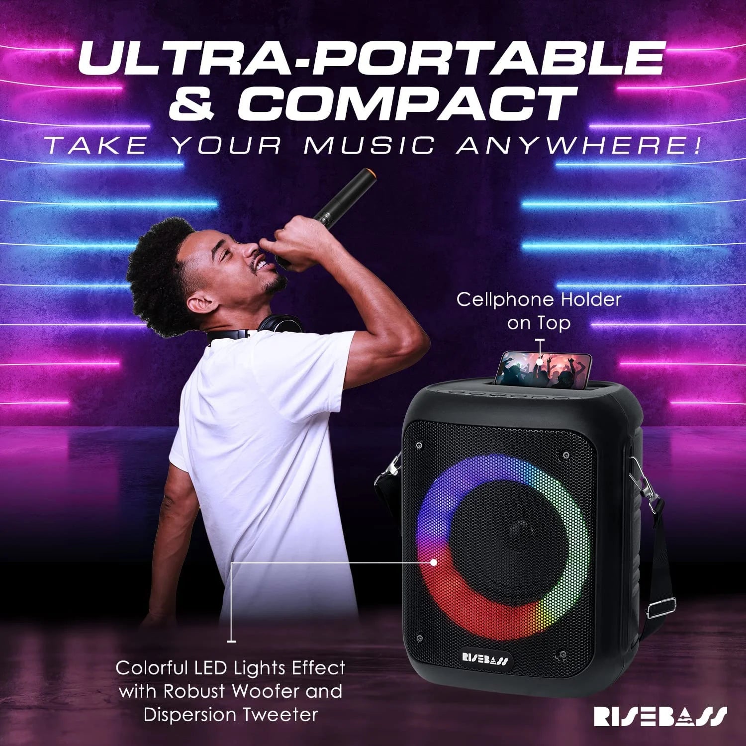 Risebass Portable Karaoke Machine with 2 Wireless Microphones - Bluetooth Rechargeable Speaker with USB/SD/TF Card Support, Aux-In, Voice Record, Tripod Screw Mount and Phone Slot